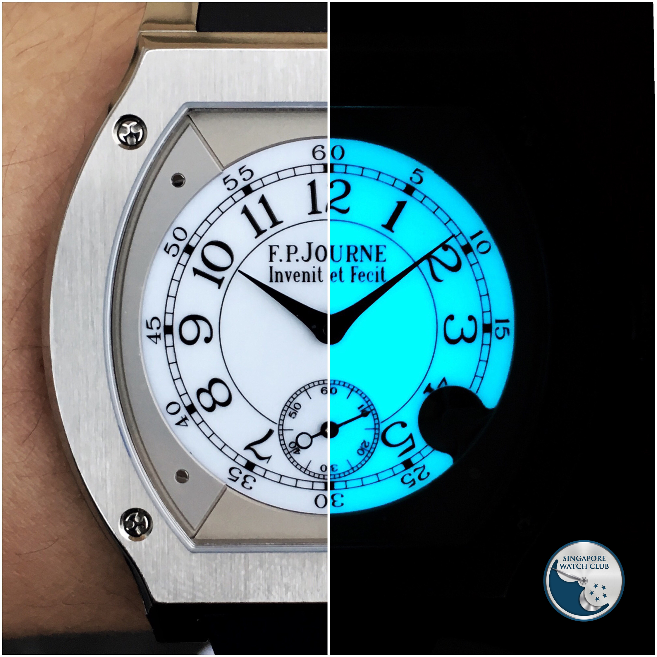 Day and night: the Élégante 48’s white dial and its bright Super-LumiNova glow.